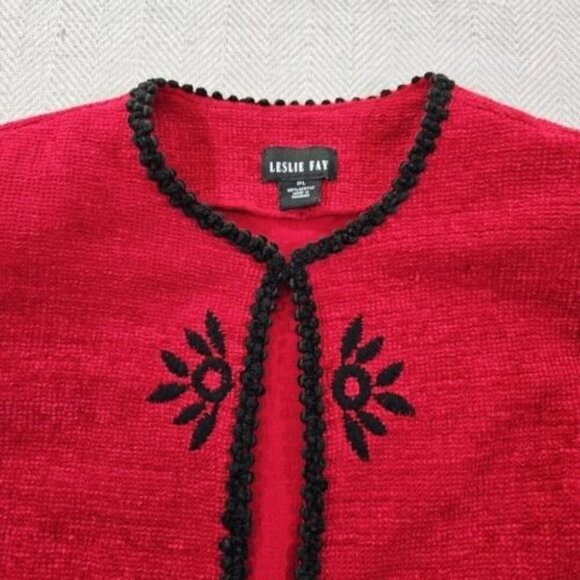Leslie Fay Sweater Women's PL Red Knit Cropped Cardigan Embroidered EUC - Picture 6 of 12